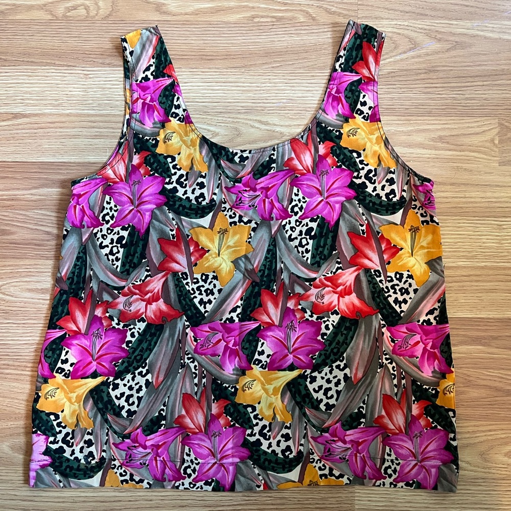 Silk Floral Leopard Print Tank - Size L